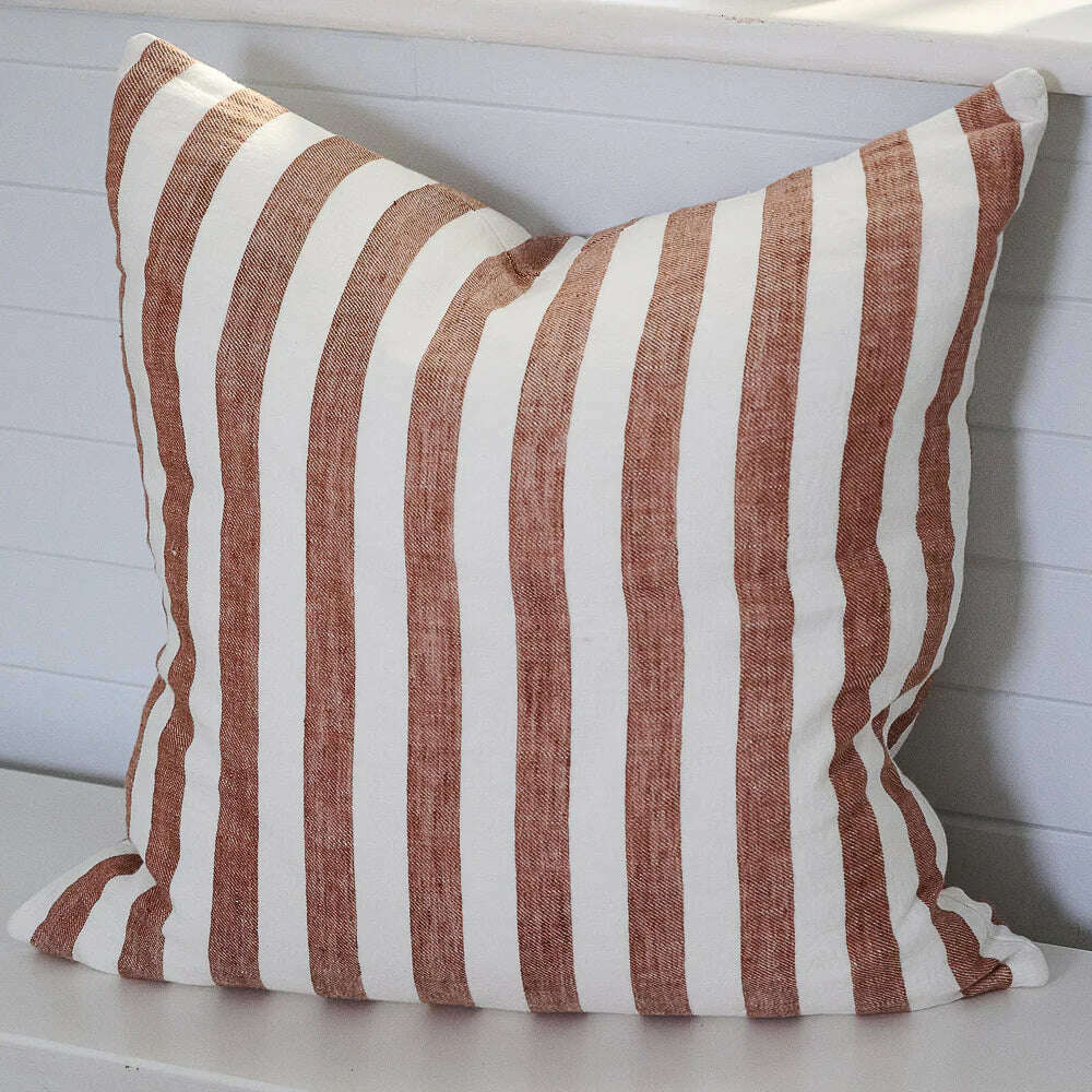 Impodimo Living & Giving:Santi Linen Cushion - Offwhite/Nutmeg Stripe:Eadie:60 * 60