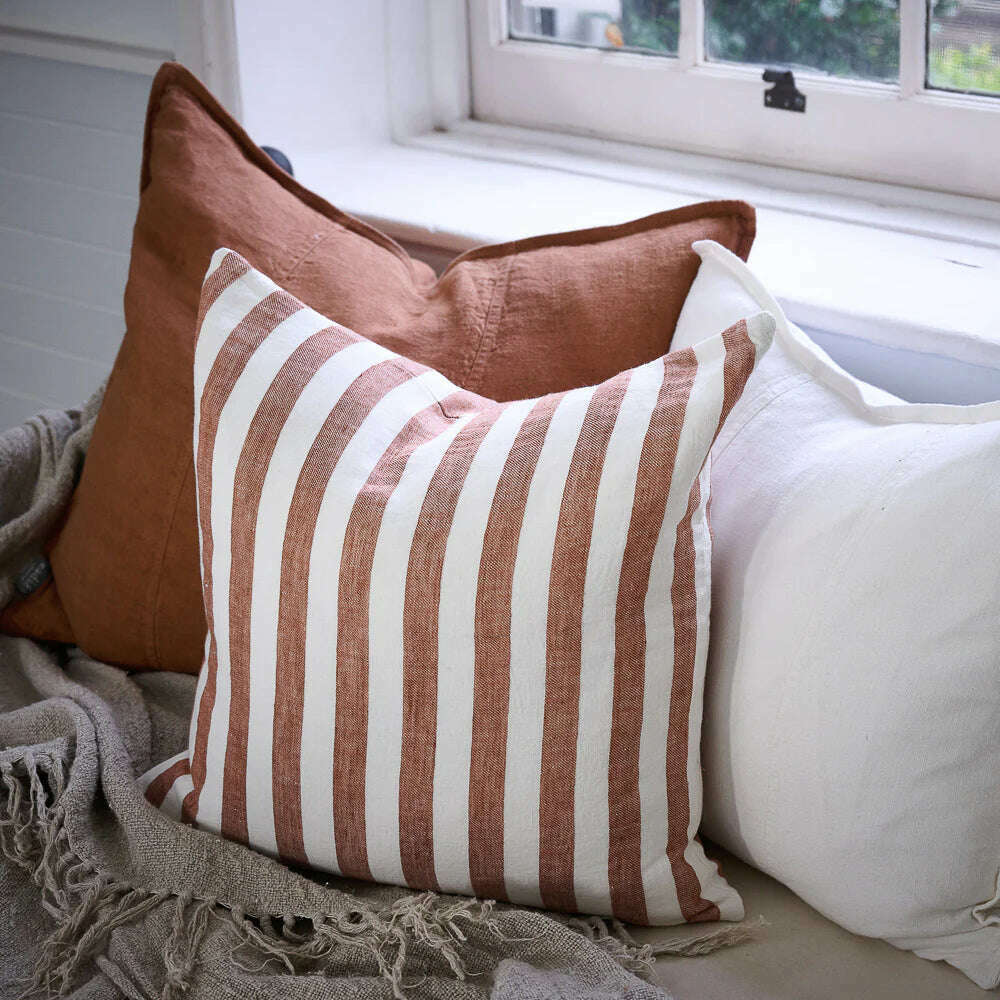 Impodimo Living & Giving:Santi Linen Cushion - Offwhite/Nutmeg Stripe:Eadie
