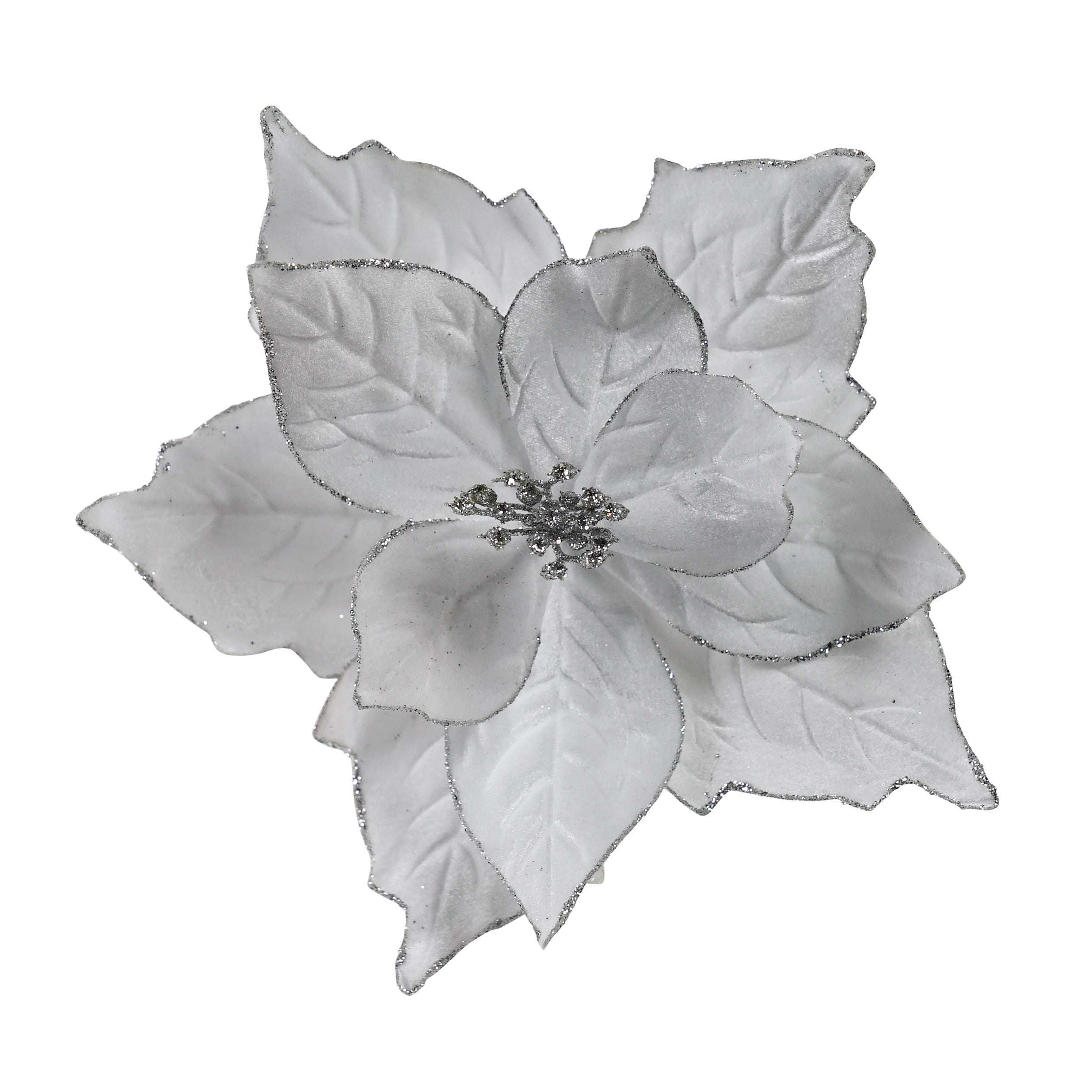 Clip On  Poinsettia - White w Silver Edge