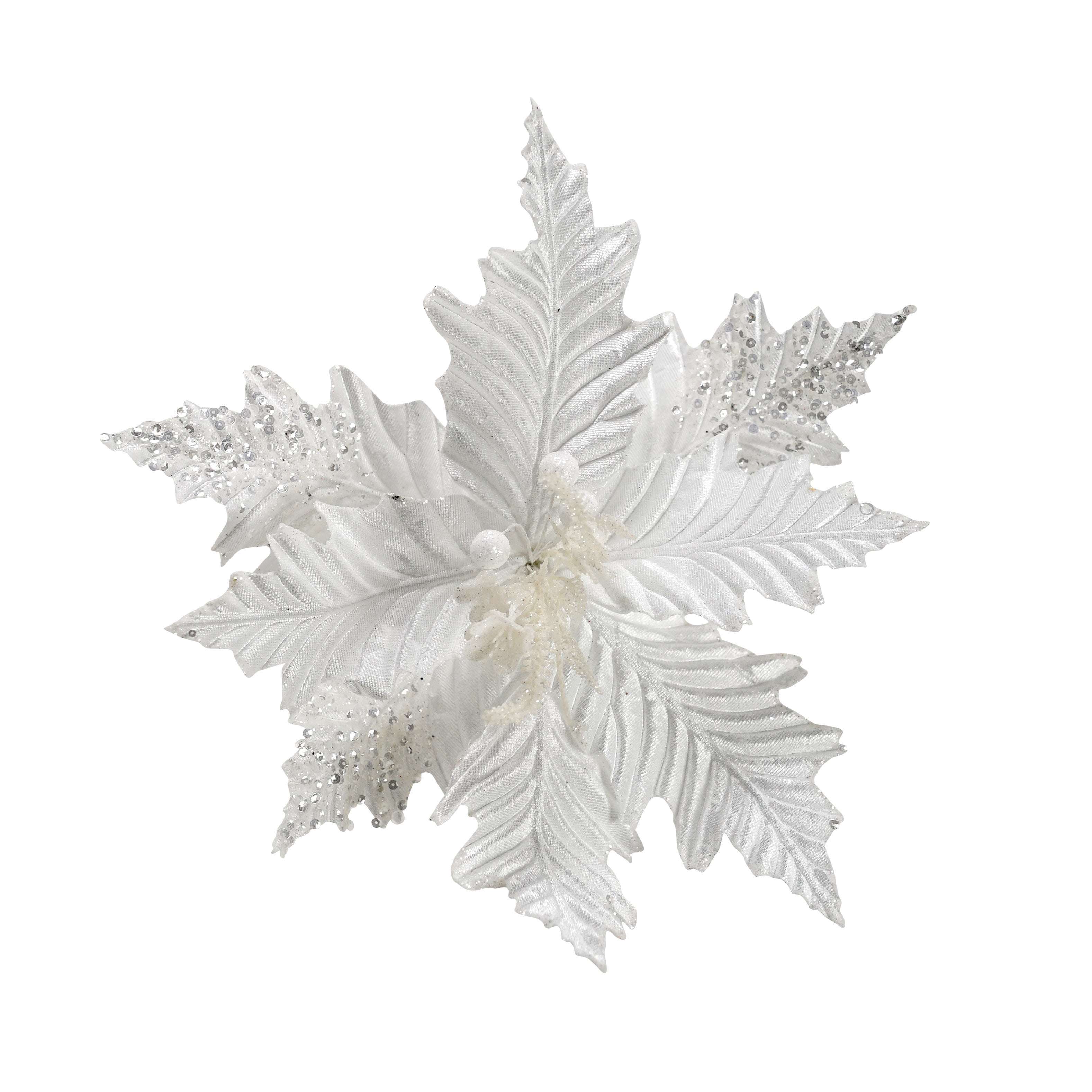 Clip On Poinsettia - White Silver Glitter