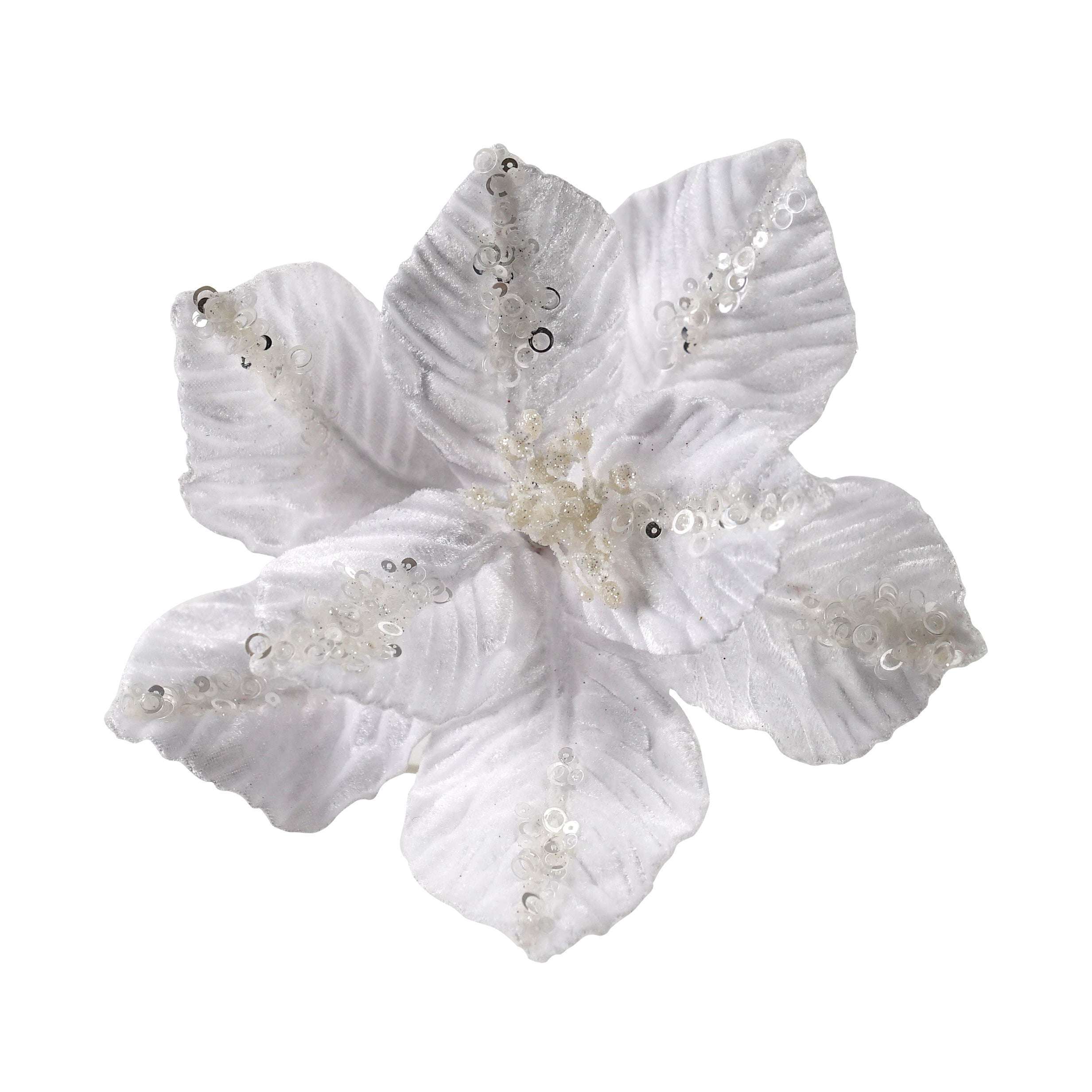 Clip On Poinsettia - White Glitter